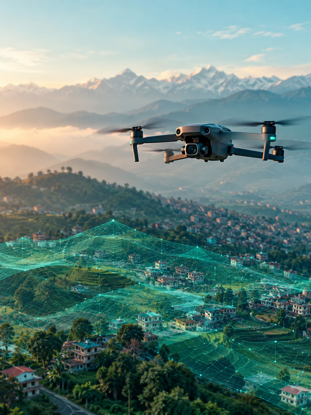Drone flying over a Kathmandu valley town with a 3D mapping grid over the terrain