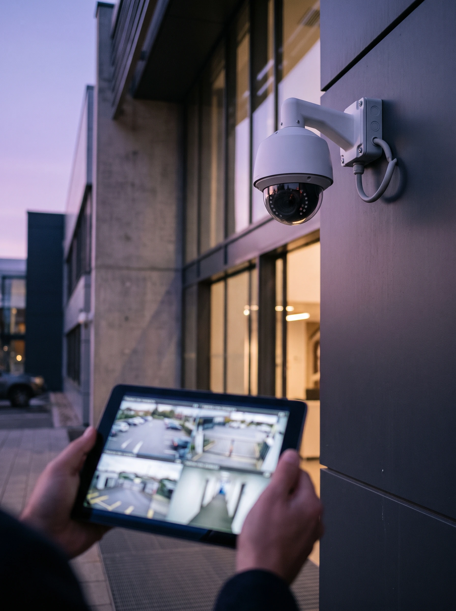IP dome camera on an office building, with a tablet showing live camera feeds
