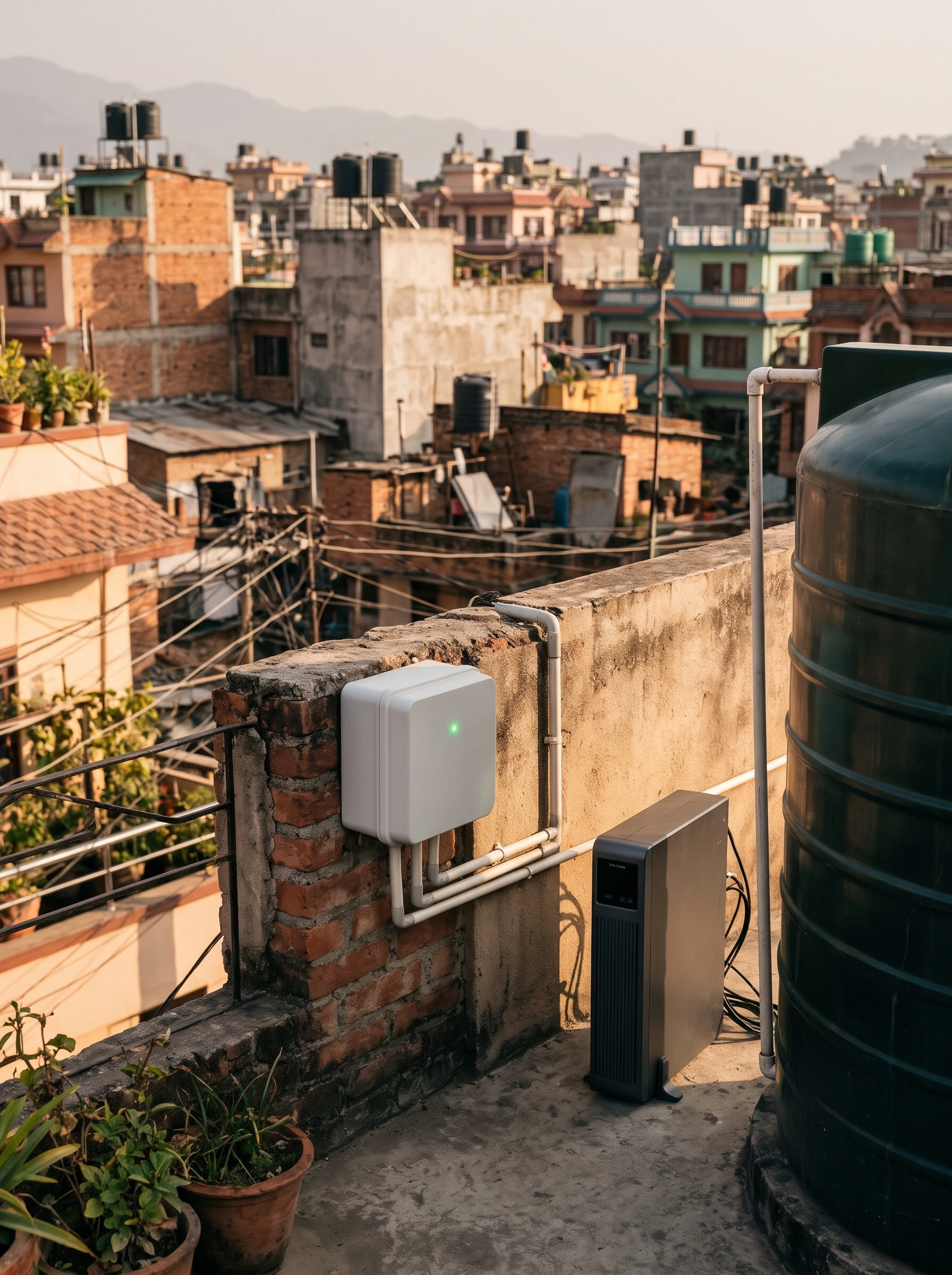 Smart water tank controller and power backup unit on a Kathmandu rooftop beside a water tank