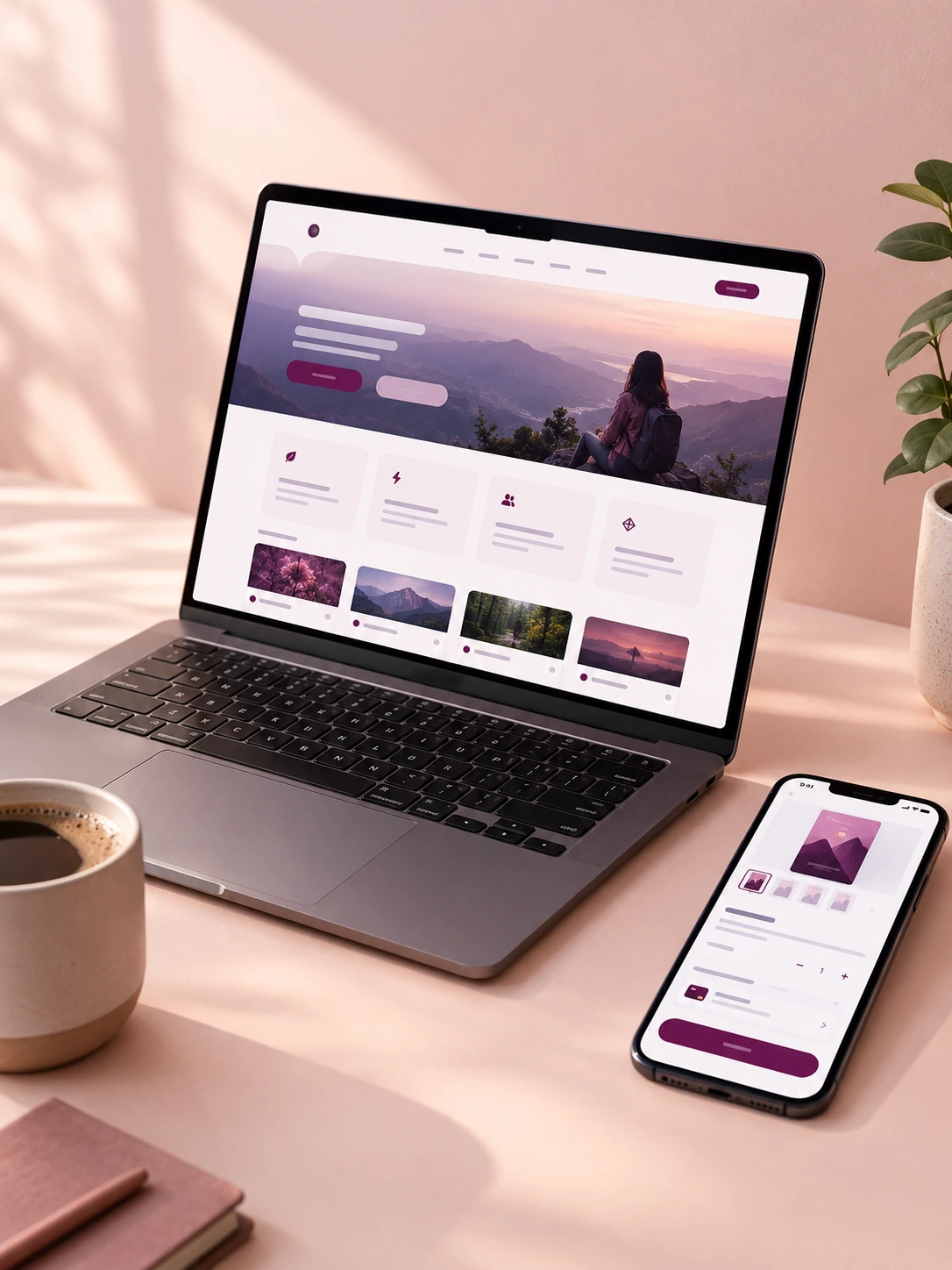 Laptop showing a company website beside a phone with an e-commerce checkout